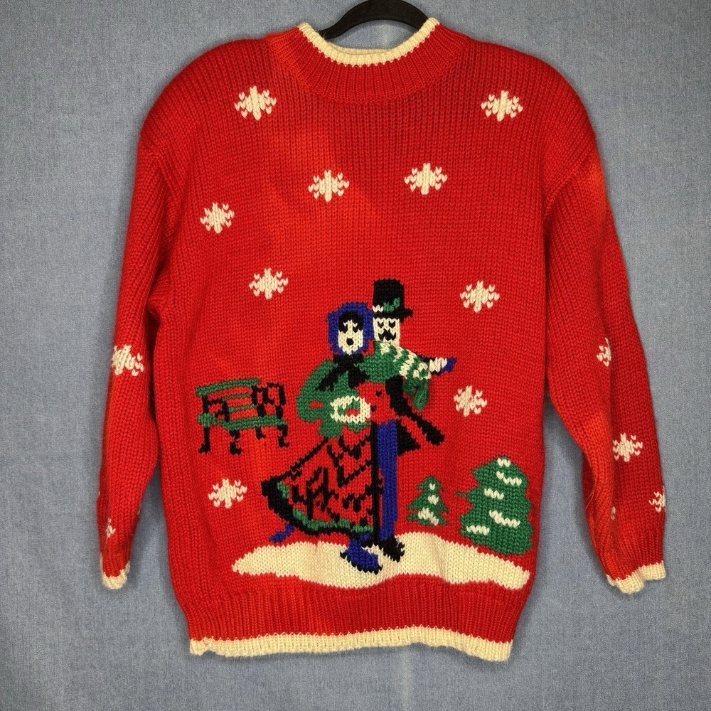 Vintage 80s Ugly Christmas Sweater Hard Knit Karen Scott Holiday Caroler Size M